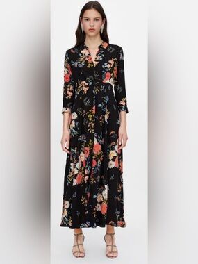 Zara Size L Black Floral Midi Maxi Shirt Dress with Pocket’s